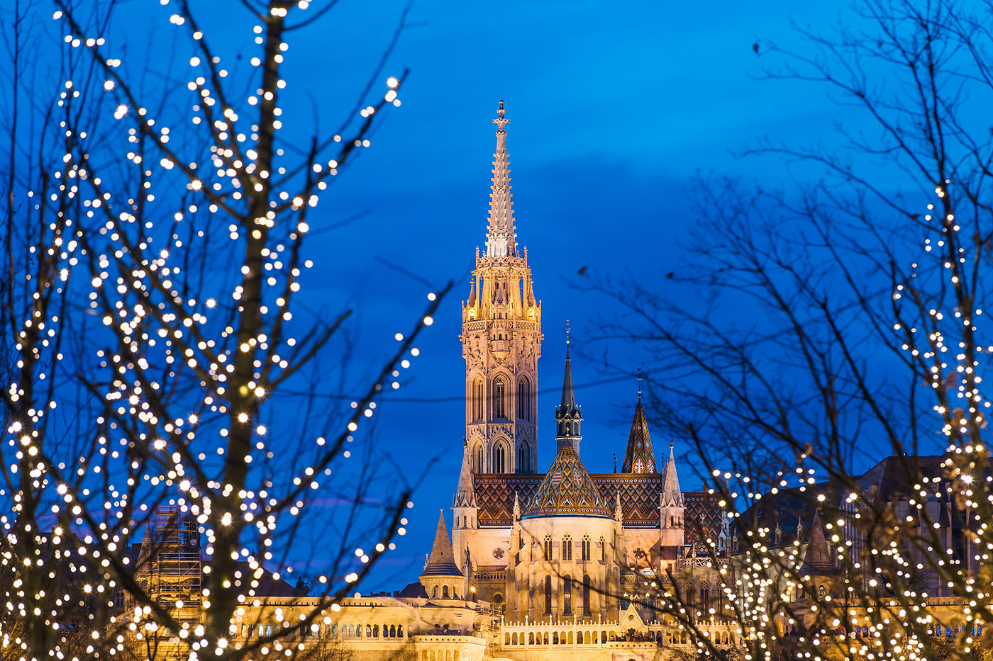 Matthias Church from Kossuth Square with Christmas lights #274