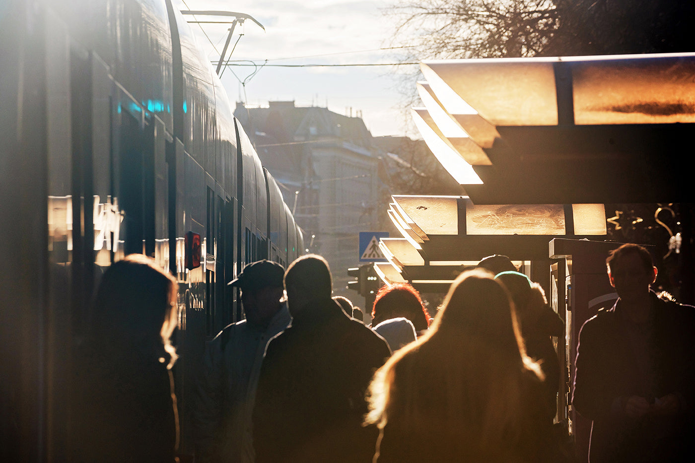 Morning crowd at tram stop #542