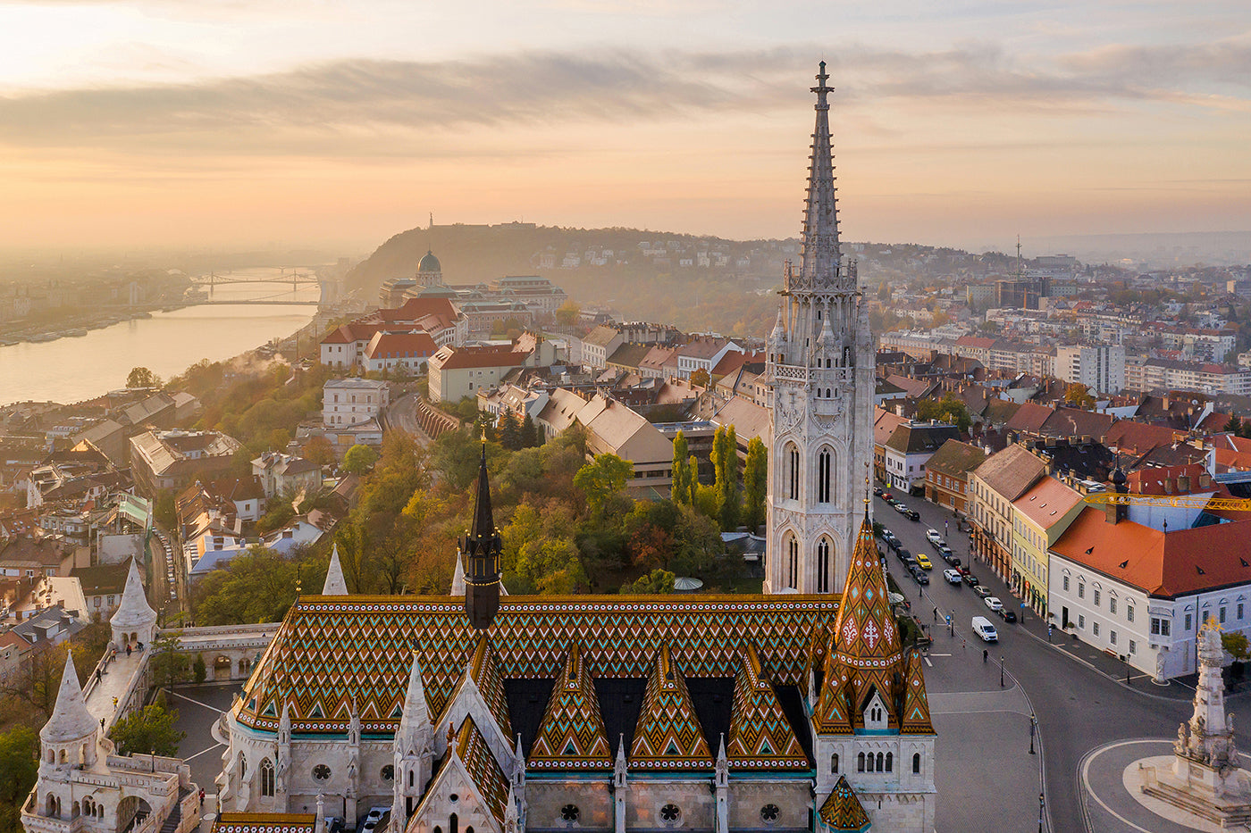 Matthias Church at sunrise with drone #645