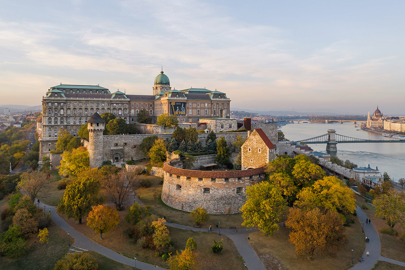 Buda Castle in autumn with drone #646