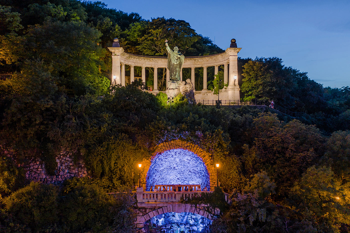 Gellért Statue and the Waterfall at Night with Drone #694