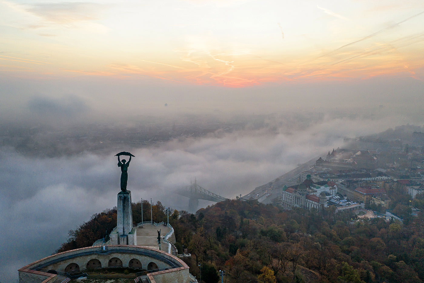 Morning fog over Budapest with drone #698