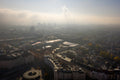 Móricz Zsigmond Square and Budapest in fog with drone #1304