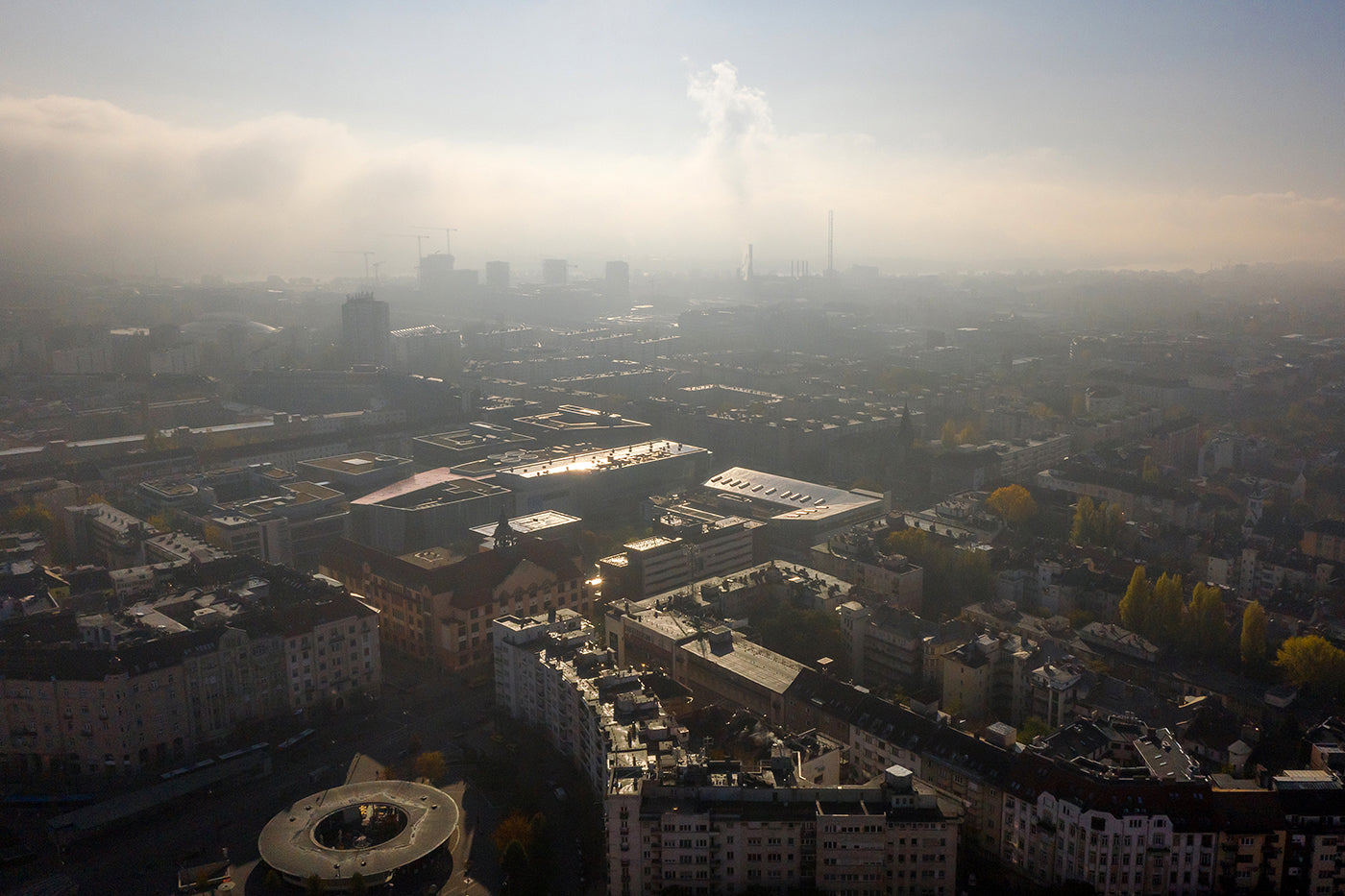 Móricz Zsigmond Square and Budapest in fog with drone #1304