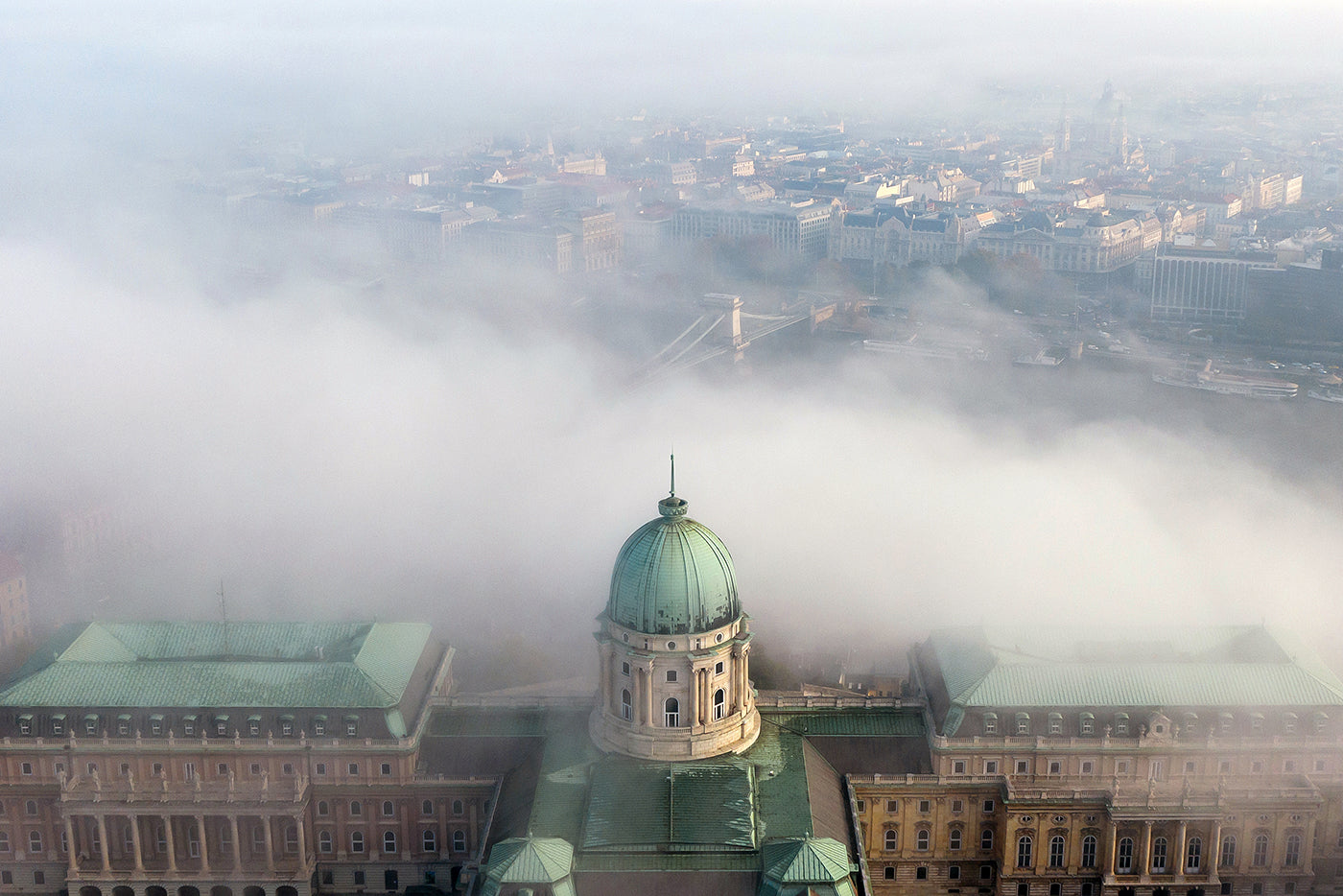 Buda Castle in fog with drone #1674