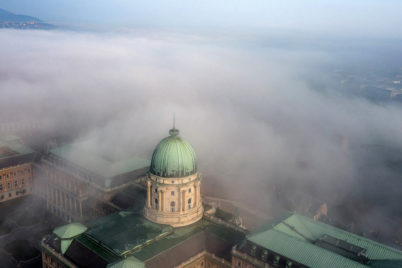 Buda Castle in fog with drone #1676