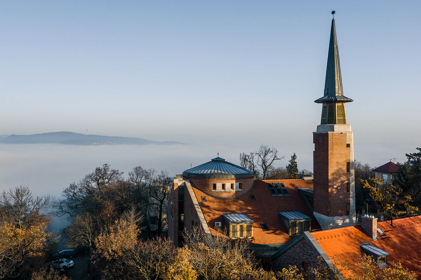 Svábhegyi Reformed Parish Church in fog #1700