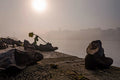 Shoes on the Danube Bank statue in fog #1864