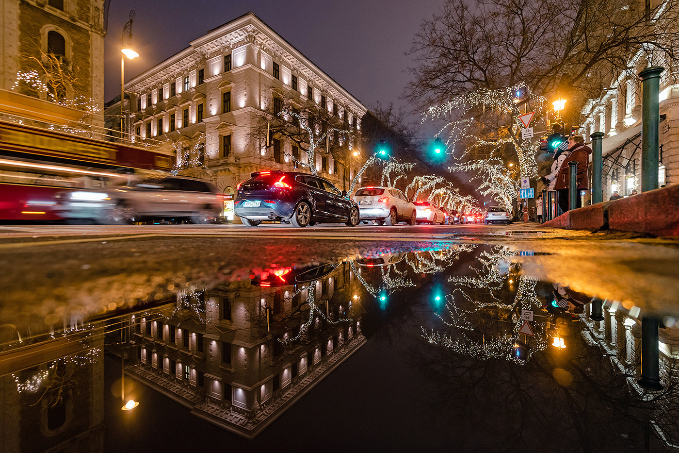 Christmas Andrássy Avenue reflected in a puddle #1909