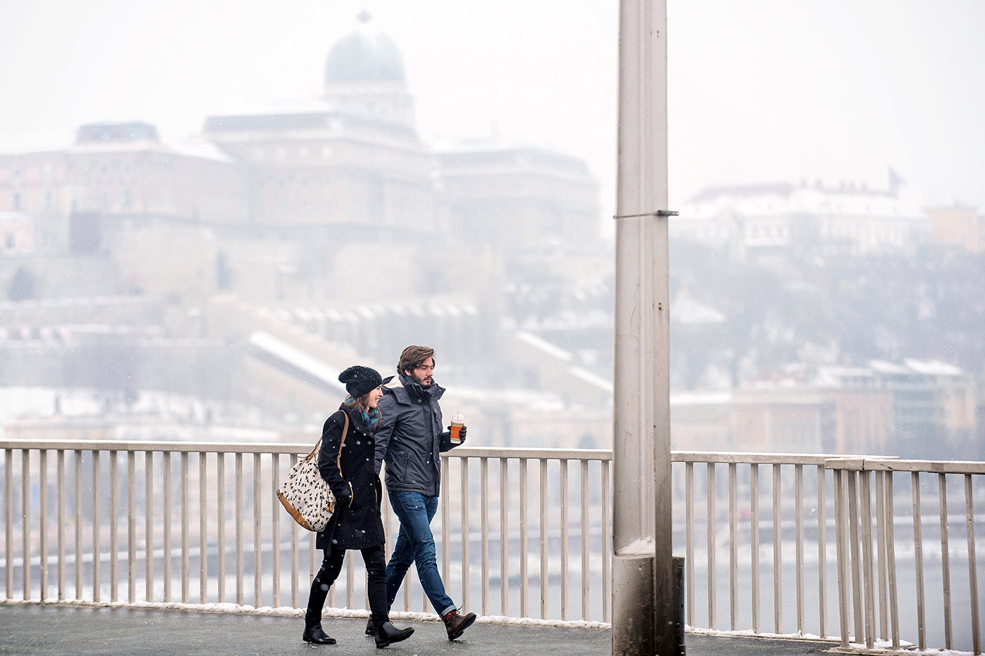 Couple walking on the Elizabeth Bridge in winter #2204