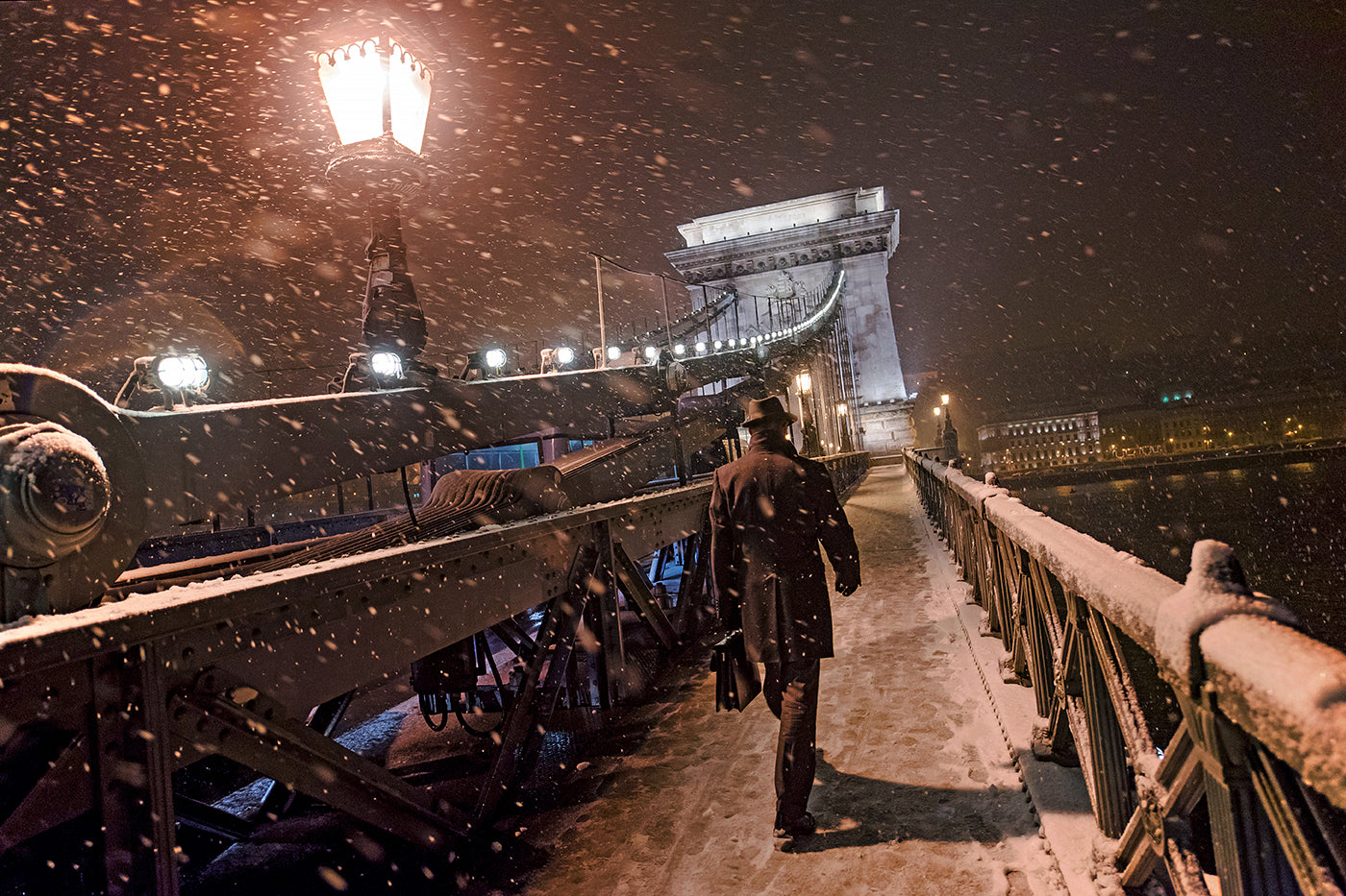 Snowfall on the Chain Bridge at night #2218
