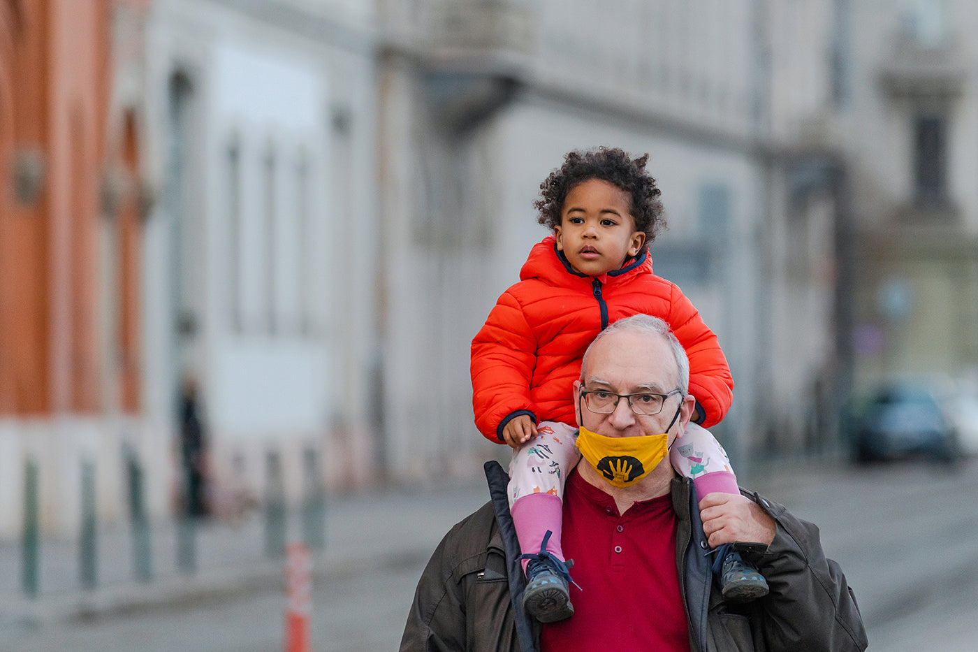 Granddaughter on grandfather's neck on the Danube bank #2401