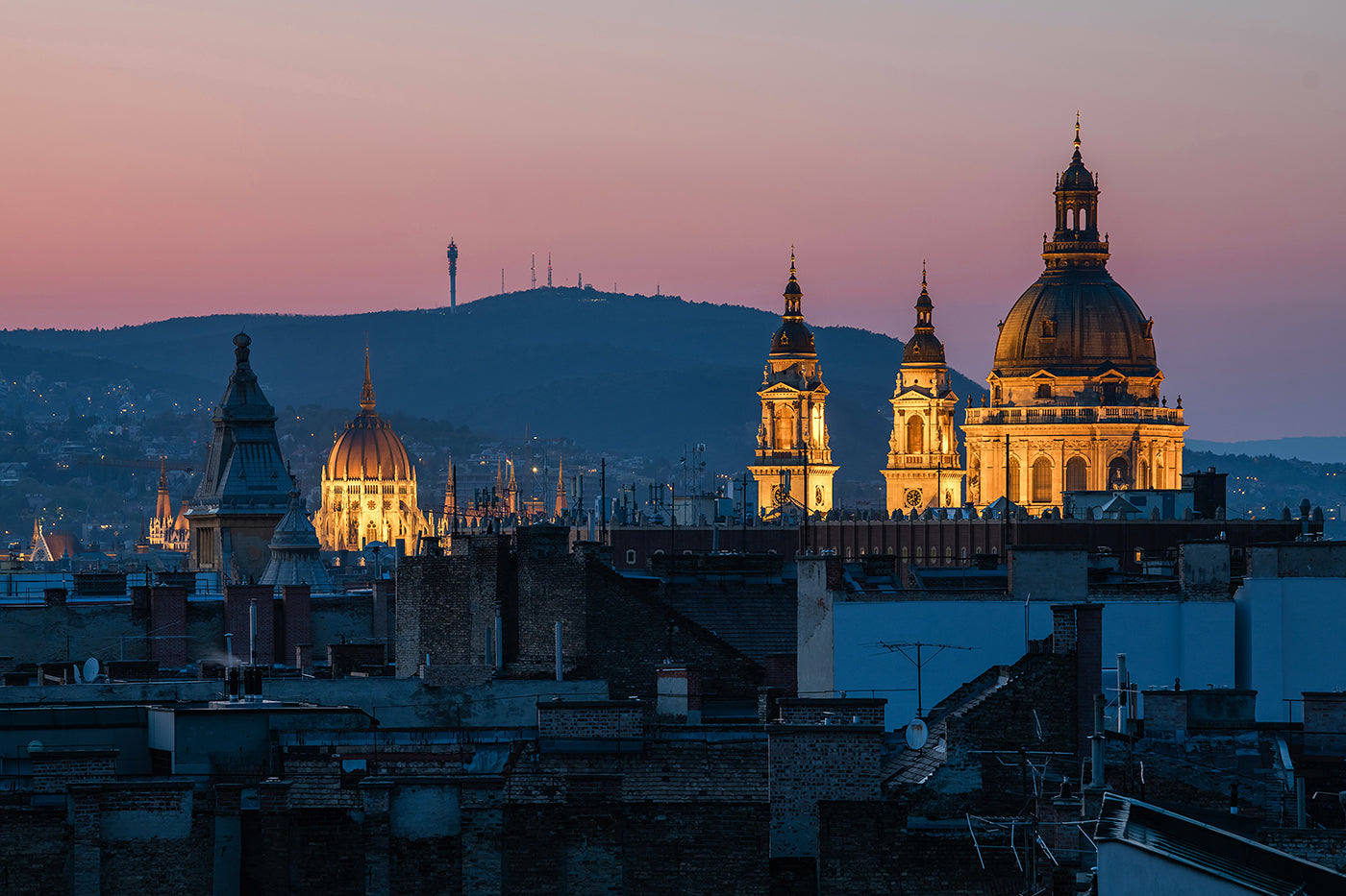 The Parliament and the Basilica from the top of the Astoria Hotel at sunset #3855