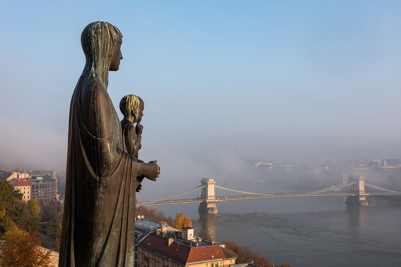 Statue of Mary on a foggy morning #5395
