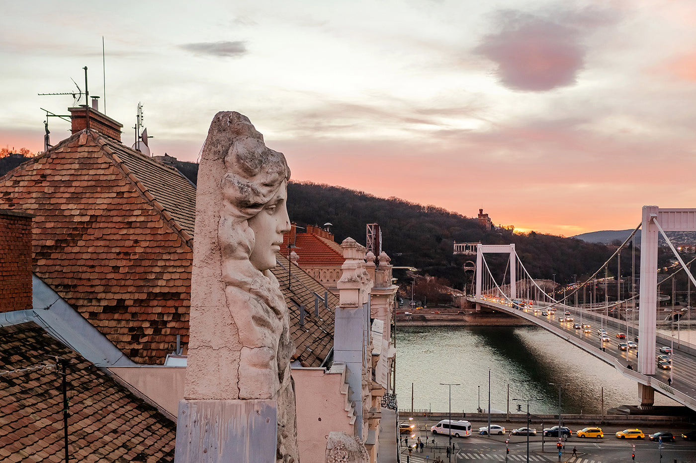 Roof decorations of the Mátyás Pince building at sunset #5489