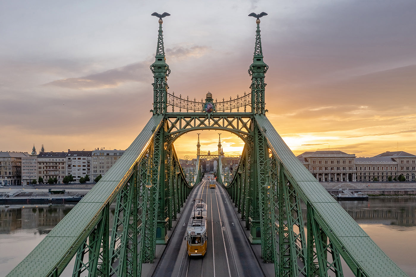 Budapest – Liberty Bridge at sunrise with a drone | Fine Art giclée photo print and wall art
