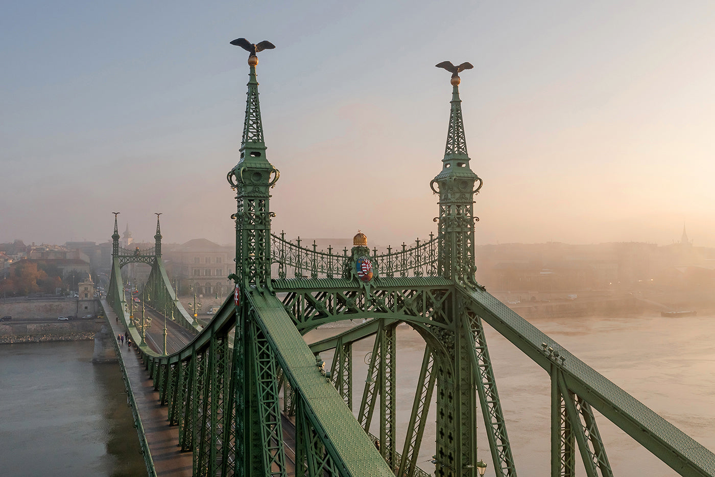 Liberty Bridge at sunrise with drone #6370