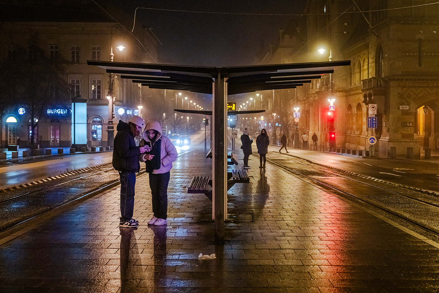 Fővám Square tram stop on a foggy winter evening #6831