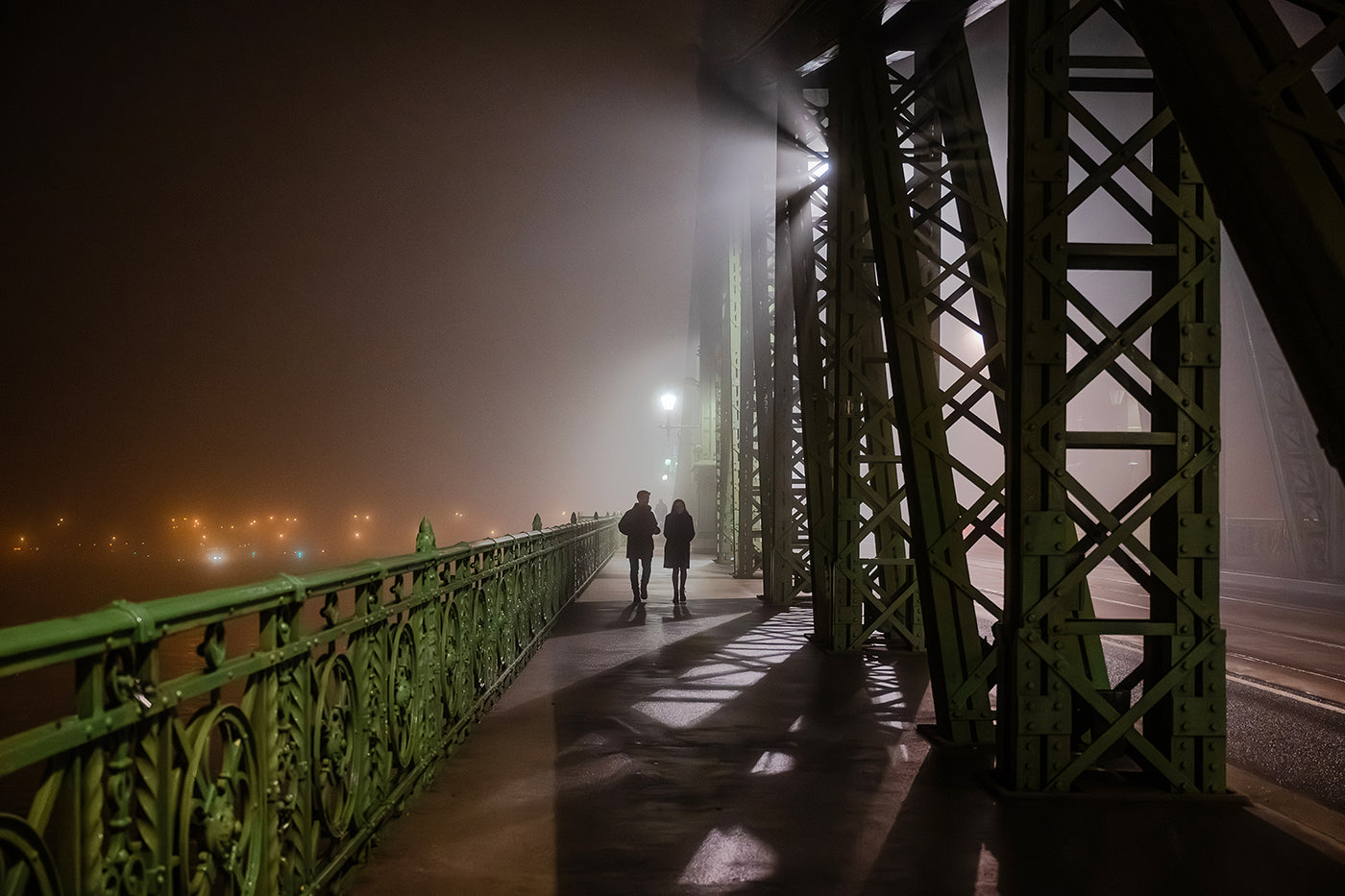 Walking on the Liberty Bridge on a foggy winter evening #6840