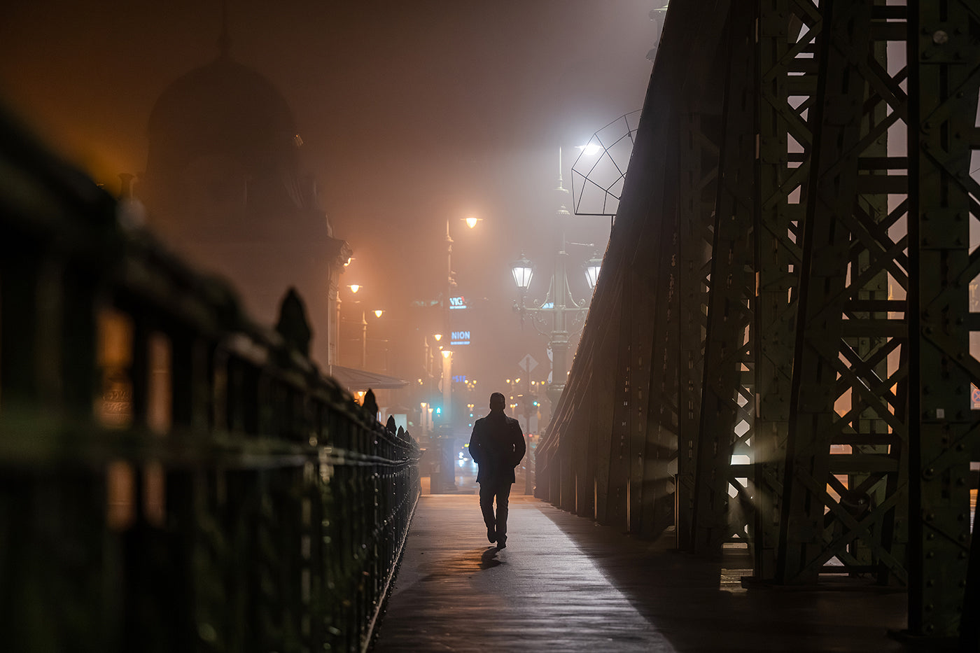 Walking on the Liberty Bridge on a foggy winter evening #6845