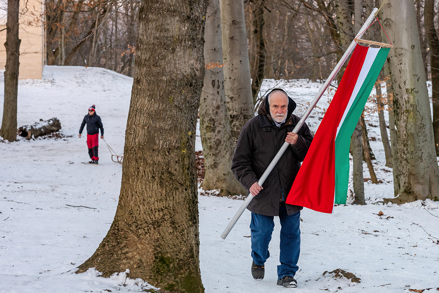 Magyar zászlóval a havas Normafán #9220